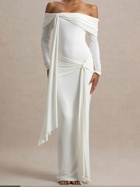 Club L London Off-Shoulder White Maxi Dress with Draped Knot Detail